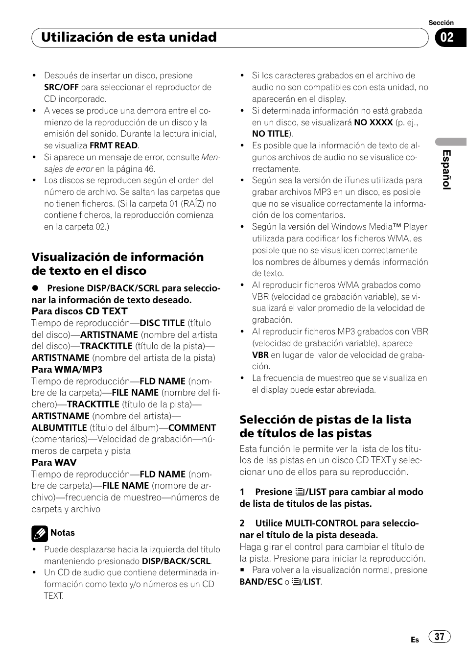Visualización de información de texto, En el disco, Selección de pistas de la lista de títulos | De las pistas, Utilización de esta unidad, Visualización de información de texto en el disco | Pioneer DEH-2100UB User Manual | Page 37 / 108