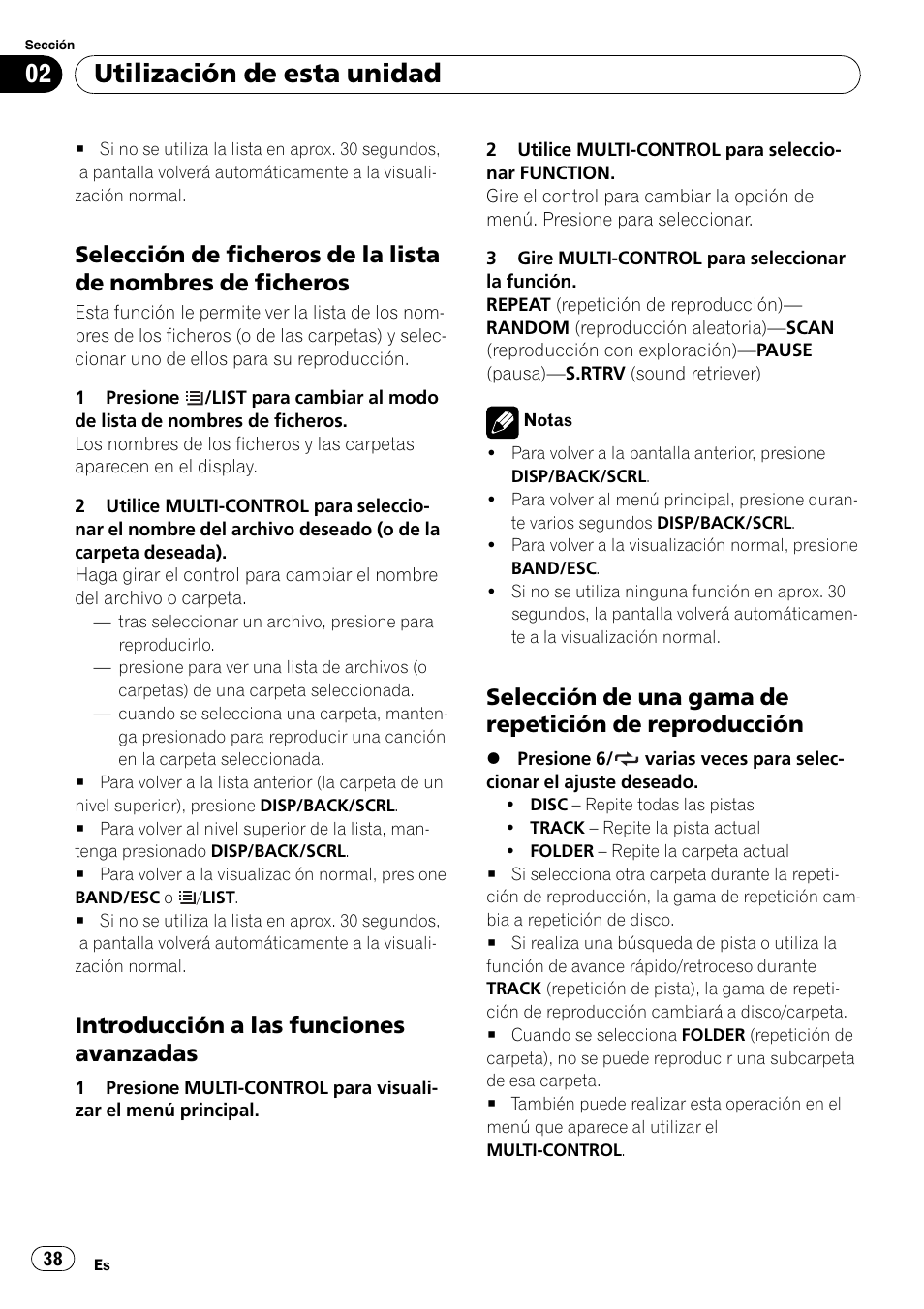 Selección de ficheros de la lista de, Nombres de ficheros, Introducción a las funciones | Avanzadas, Selección de una gama de repetición, De reproducción, Utilización de esta unidad, Introducción a las funciones avanzadas | Pioneer DEH-2100UB User Manual | Page 38 / 108