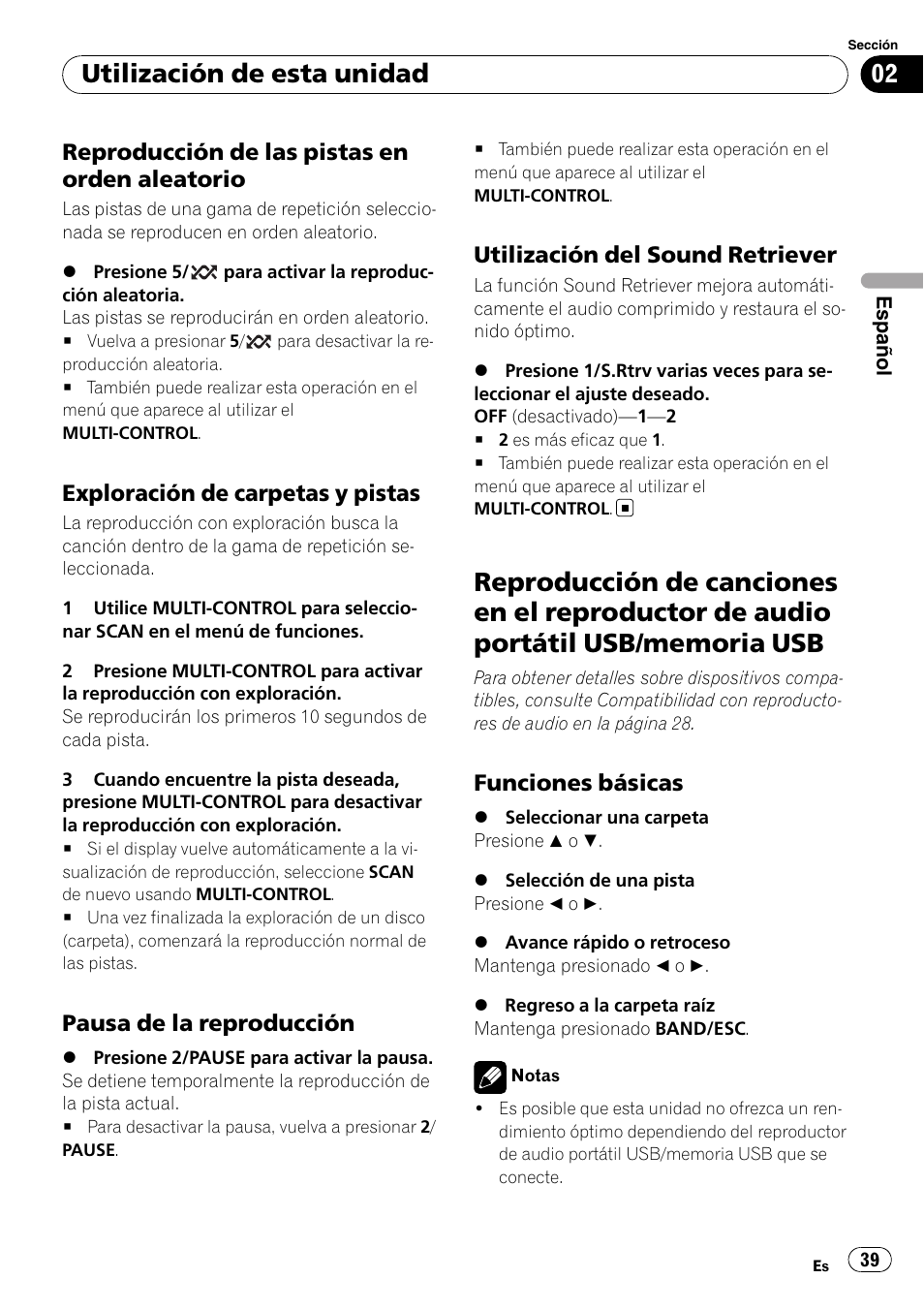 Reproducción de las pistas en orden, Aleatorio, Exploración de carpetas y pistas 39 | Pausa de la reproducción 39, Utilización del sound retriever 39, Reproducción de canciones en el, Reproductor de audio portátil usb/ memoria usb, Funciones básicas 39, Utilización de esta unidad, Reproducción de las pistas en orden aleatorio | Pioneer DEH-2100UB User Manual | Page 39 / 108