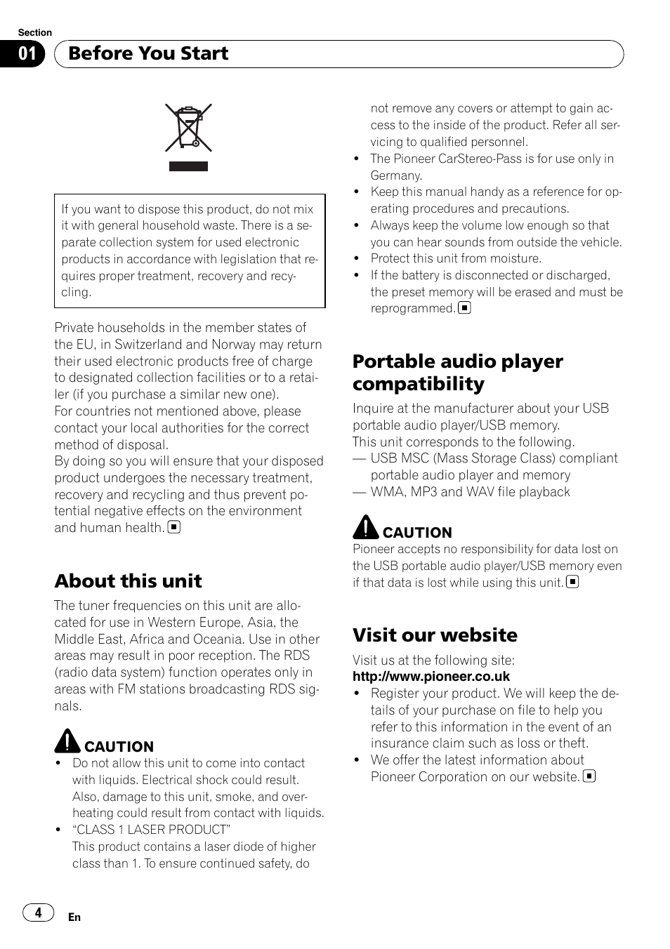 Before you start, About this unit, Portable audio player compatibility | Visit our website | Pioneer DEH-2100UB User Manual | Page 4 / 108