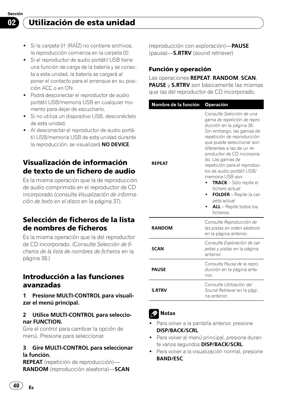 Visualización de información de texto, De un fichero de audio, Selección de ficheros de la lista de | Nombres de ficheros, Introducción a las funciones, Avanzadas, Utilización de esta unidad, Introducción a las funciones avanzadas | Pioneer DEH-2100UB User Manual | Page 40 / 108