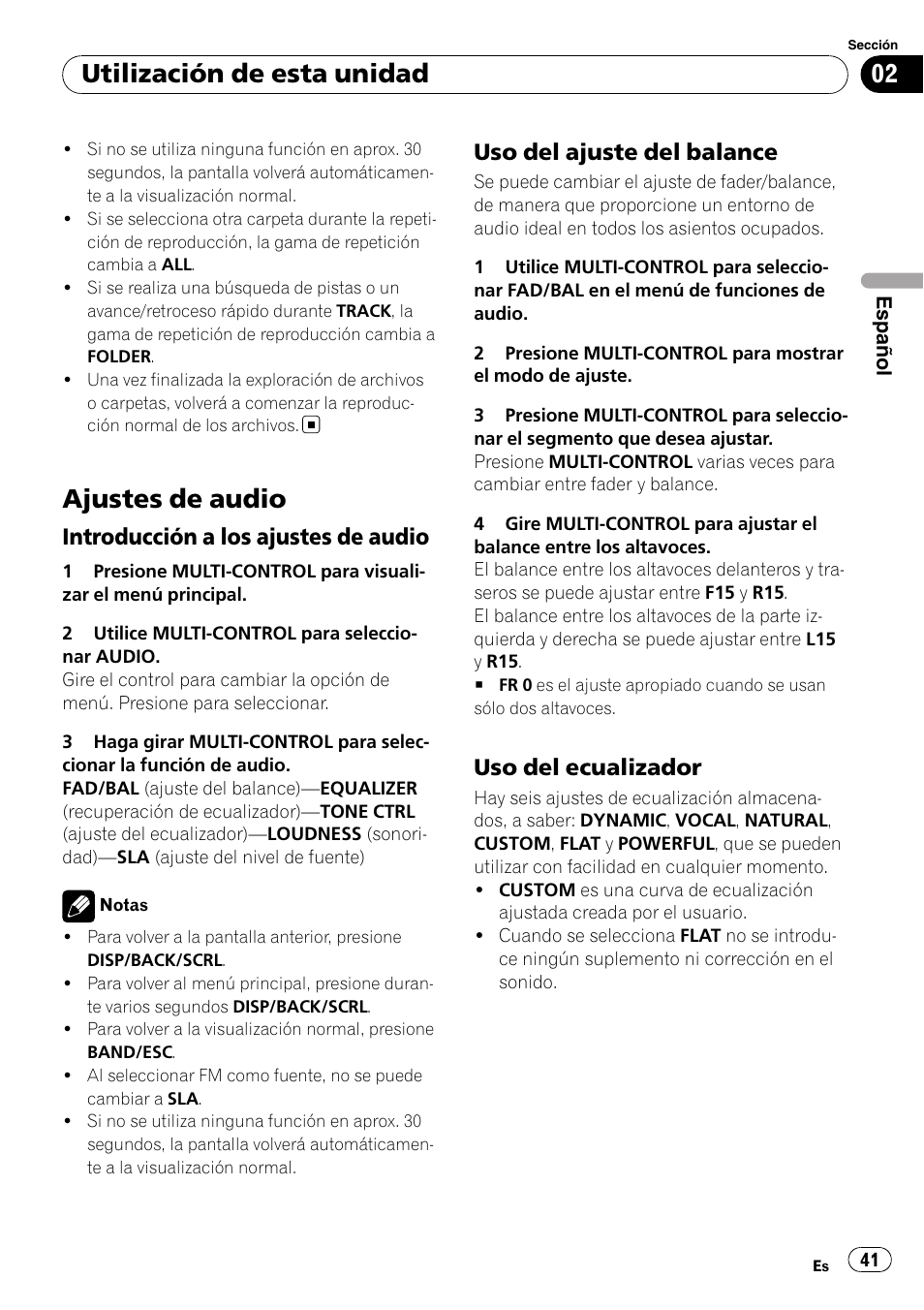 Ajustes de audio, Introducción a los ajustes de audio 41, Uso del ajuste del balance 41 | Uso del ecualizador 41, Utilización de esta unidad, Introducción a los ajustes de audio, Uso del ajuste del balance, Uso del ecualizador | Pioneer DEH-2100UB User Manual | Page 41 / 108