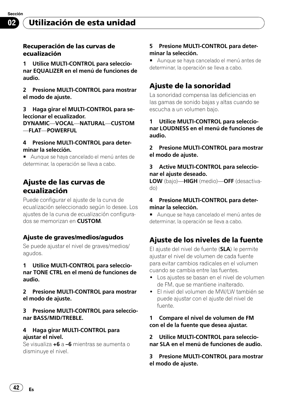 Ajuste de las curvas de, Ecualización, Ajuste de la sonoridad 42 | Ajuste de los niveles de la fuente 42, Utilización de esta unidad, Ajuste de las curvas de ecualización, Ajuste de la sonoridad, Ajuste de los niveles de la fuente | Pioneer DEH-2100UB User Manual | Page 42 / 108