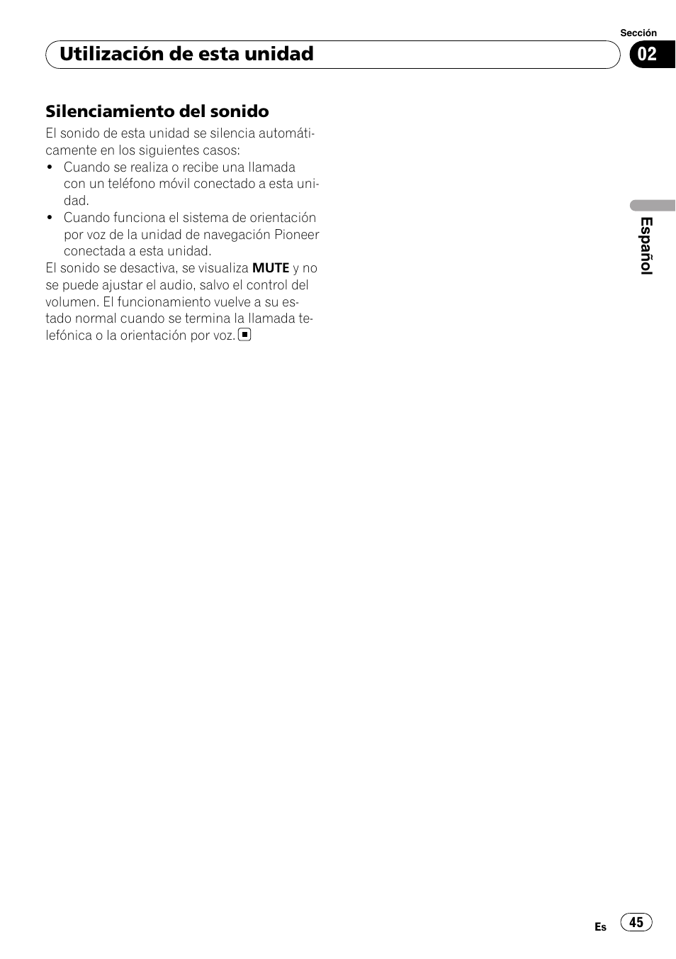 Silenciamiento del sonido 45, Utilización de esta unidad | Pioneer DEH-2100UB User Manual | Page 45 / 108