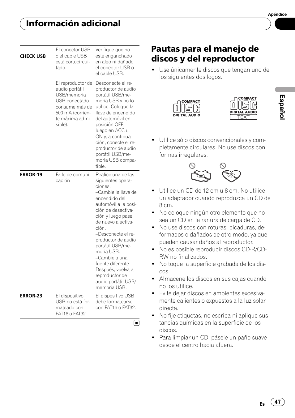 Pautas para el manejo de discos y del, Reproductor, Pautas para el manejo de discos y del reproductor | Información adicional | Pioneer DEH-2100UB User Manual | Page 47 / 108