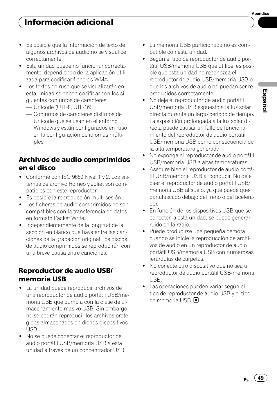 Archivos de audio comprimidos en el, Disco, Reproductor de audio usb/memoria | Información adicional, Archivos de audio comprimidos en el disco | Pioneer DEH-2100UB User Manual | Page 49 / 108