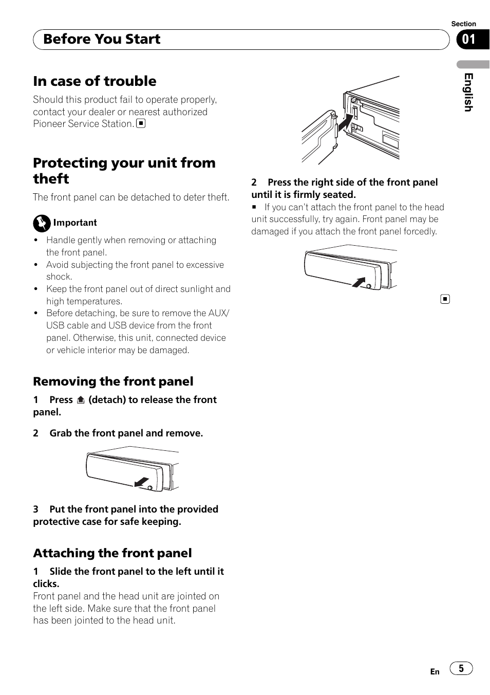 In case of trouble, Protecting your unit from theft, Removing the front panel 5 | Attaching the front panel 5, Before you start | Pioneer DEH-2100UB User Manual | Page 5 / 108