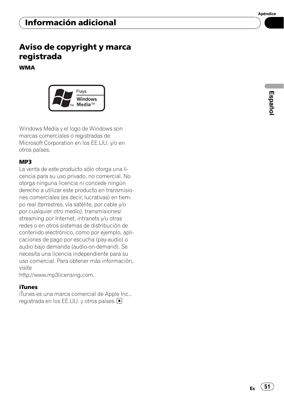 Aviso de copyright y marca registrada, Información adicional | Pioneer DEH-2100UB User Manual | Page 51 / 108