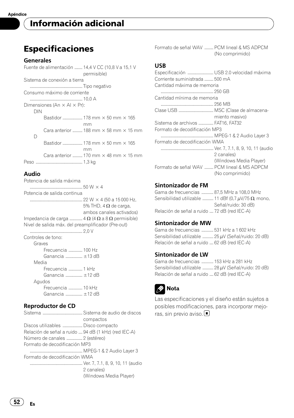 Especificaciones, Información adicional | Pioneer DEH-2100UB User Manual | Page 52 / 108