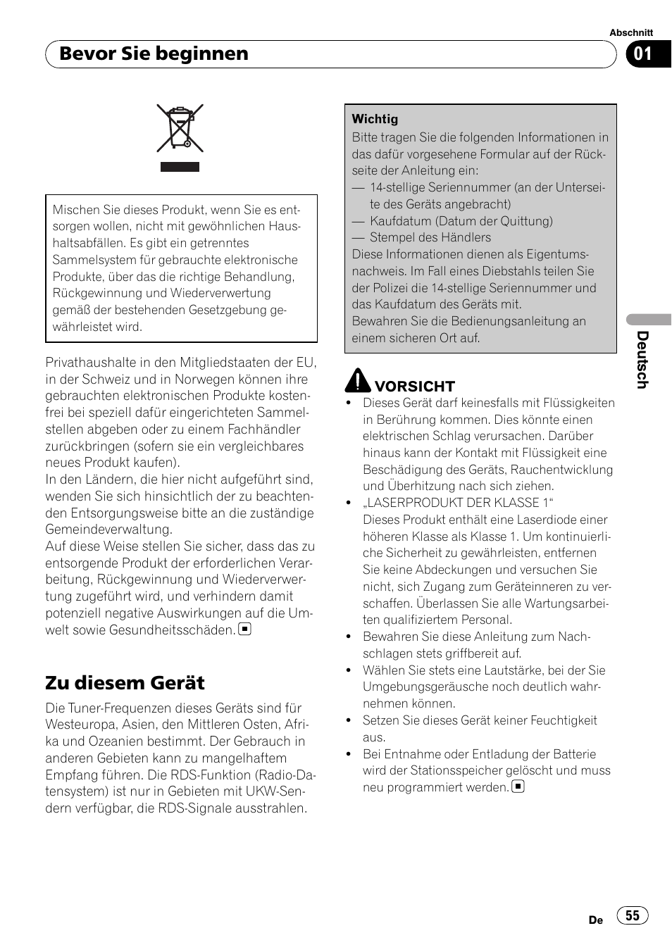 Bevor sie beginnen, Zu diesem gerät | Pioneer DEH-2100UB User Manual | Page 55 / 108