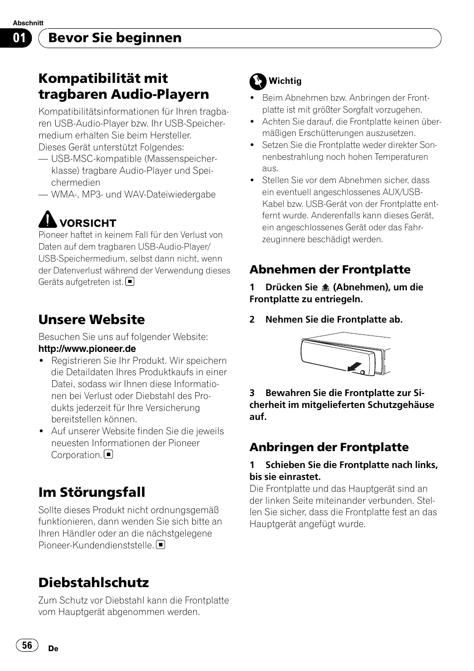 Kompatibilität mit tragbaren audio, Playern, Unsere website | Im störungsfall, Diebstahlschutz, Abnehmen der frontplatte 56, Anbringen der frontplatte 56, Kompatibilität mit tragbaren audio-playern, Bevor sie beginnen | Pioneer DEH-2100UB User Manual | Page 56 / 108