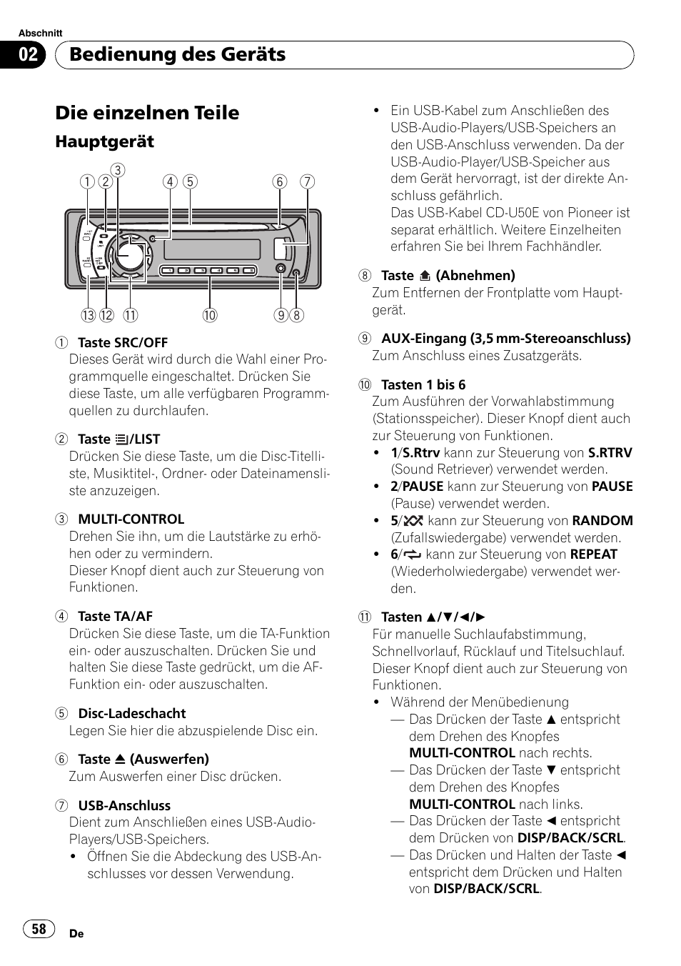 Bedienung des geräts die einzelnen teile, Hauptgerät 58, Die einzelnen teile | Bedienung des geräts | Pioneer DEH-2100UB User Manual | Page 58 / 108