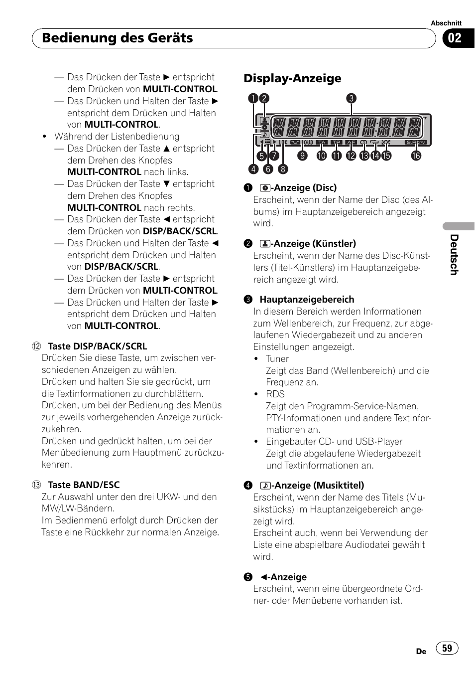 Display-anzeige 59, Bedienung des geräts | Pioneer DEH-2100UB User Manual | Page 59 / 108