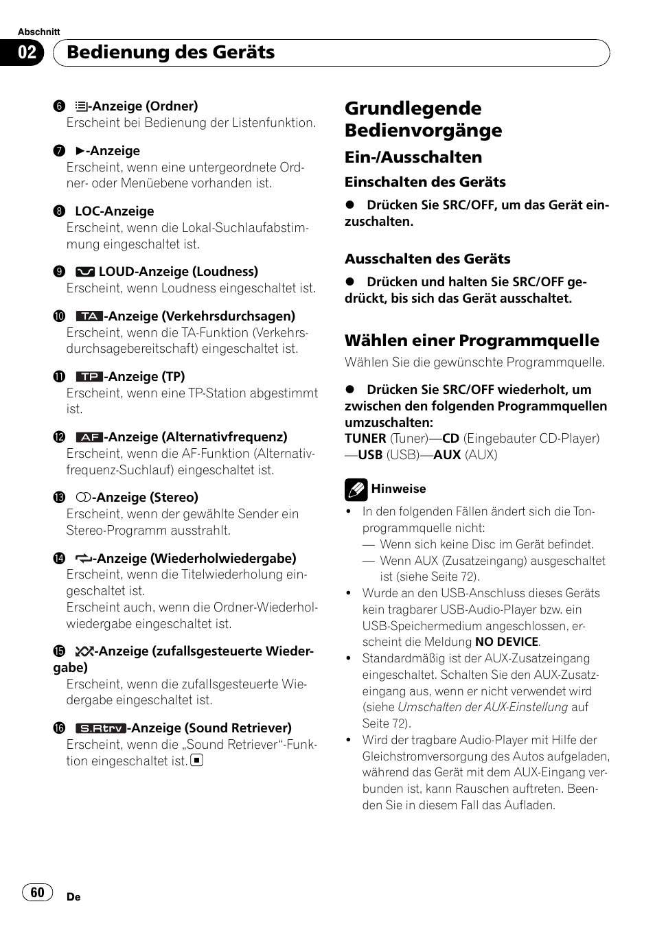 Grundlegende bedienvorgänge, Ein-/ausschalten 60, Wählen einer programmquelle 60 | Bedienung des geräts, Ein-/ausschalten, Wählen einer programmquelle | Pioneer DEH-2100UB User Manual | Page 60 / 108