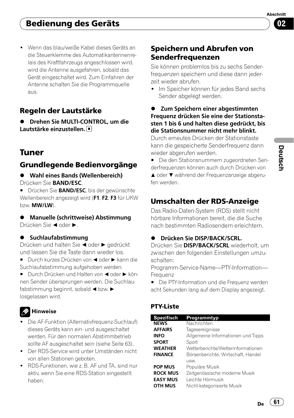 Regeln der lautstärke 61, Tuner, Grundlegende bedienvorgänge 61 | Speichern und abrufen von, Senderfrequenzen, Umschalten der rds-anzeige 61, Bedienung des geräts, Regeln der lautstärke, Grundlegende bedienvorgänge, Speichern und abrufen von senderfrequenzen | Pioneer DEH-2100UB User Manual | Page 61 / 108