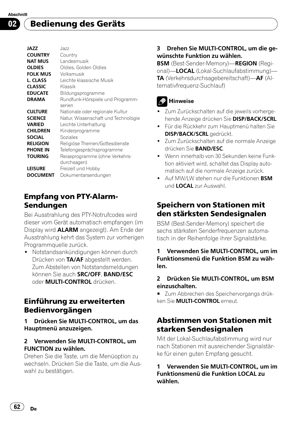 Empfang von pty-alarm, Sendungen, Einführung zu erweiterten | Bedienvorgängen, Speichern von stationen mit den, Stärksten sendesignalen, Abstimmen von stationen mit starken, Sendesignalen, Bedienung des geräts, Empfang von pty-alarm- sendungen | Pioneer DEH-2100UB User Manual | Page 62 / 108