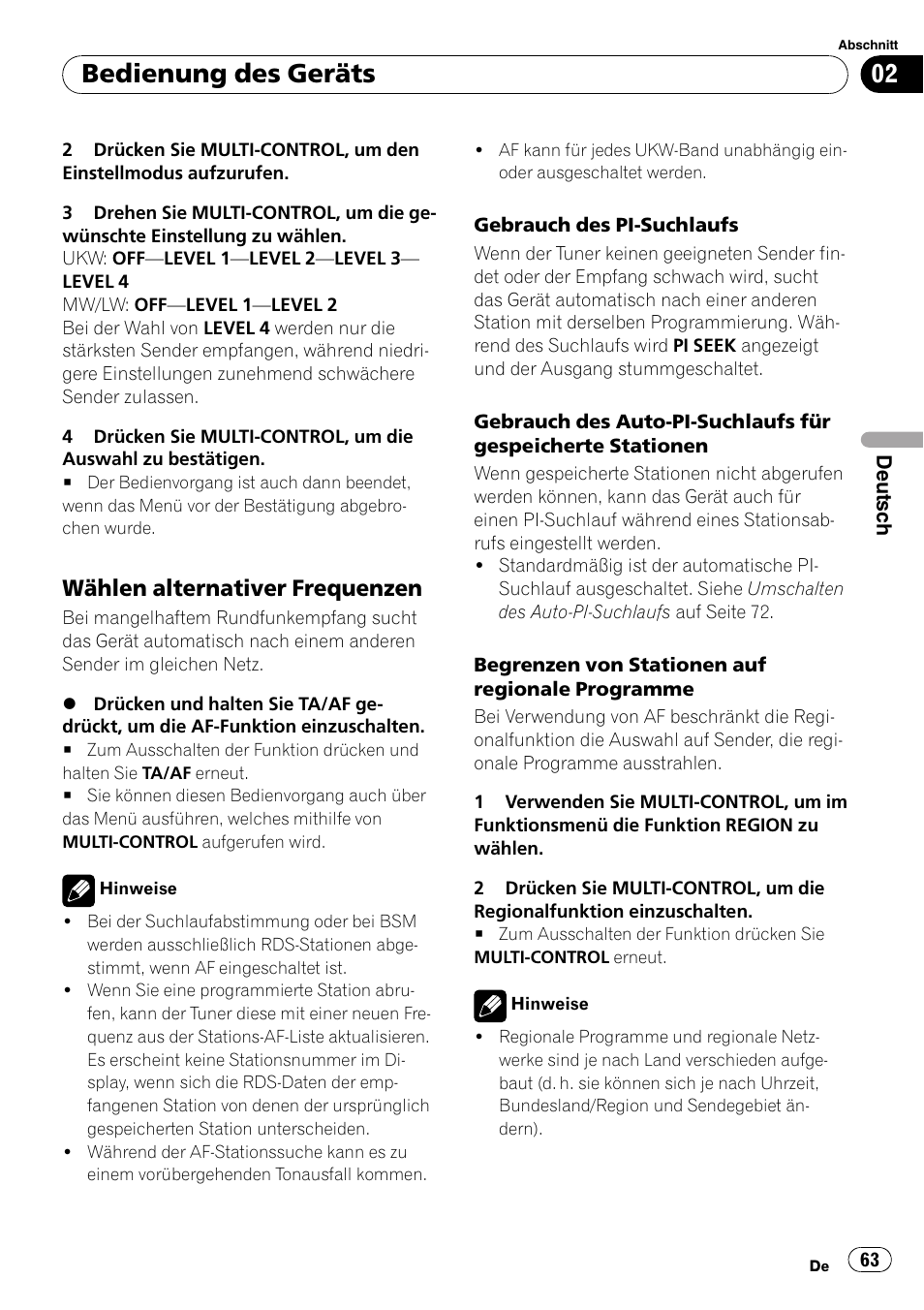 Wählen alternativer frequenzen 63, Bedienung des geräts, Wählen alternativer frequenzen | Pioneer DEH-2100UB User Manual | Page 63 / 108