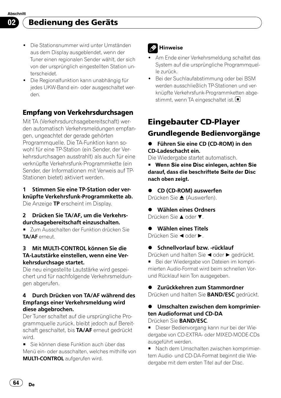 Empfang von verkehrsdurchsagen 64, Eingebauter cd-player, Grundlegende bedienvorgänge 64 | Bedienung des geräts, Empfang von verkehrsdurchsagen, Grundlegende bedienvorgänge | Pioneer DEH-2100UB User Manual | Page 64 / 108