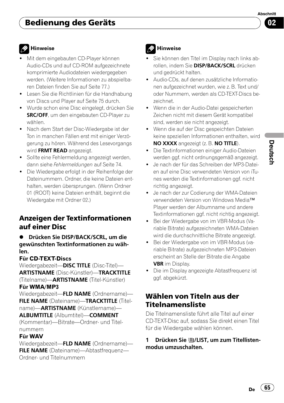 Anzeigen der textinformationen auf, Einer disc, Wählen von titeln aus der | Titelnamensliste, Bedienung des geräts, Anzeigen der textinformationen auf einer disc, Wählen von titeln aus der titelnamensliste | Pioneer DEH-2100UB User Manual | Page 65 / 108