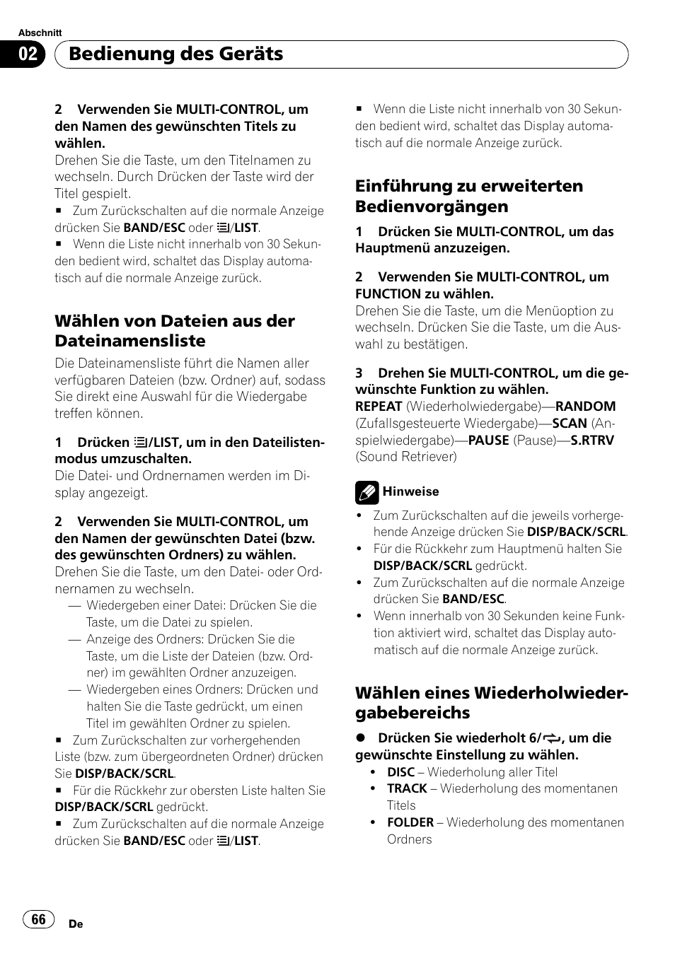 Wählen von dateien aus der, Dateinamensliste, Einführung zu erweiterten | Bedienvorgängen, Wählen eines, Wiederholwiedergabebereichs, Bedienung des geräts, Wählen von dateien aus der dateinamensliste, Einführung zu erweiterten bedienvorgängen, Wählen eines wiederholwieder- gabebereichs | Pioneer DEH-2100UB User Manual | Page 66 / 108