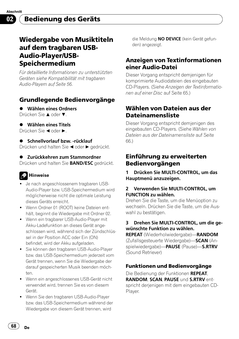 Wiedergabe von musiktiteln auf dem, Tragbaren usb-audio-player/usb- speichermedium, Grundlegende bedienvorgänge 68 | Anzeigen von textinformationen einer, Audio-datei, Wählen von dateien aus der, Dateinamensliste, Einführung zu erweiterten, Bedienvorgängen, Bedienung des geräts | Pioneer DEH-2100UB User Manual | Page 68 / 108