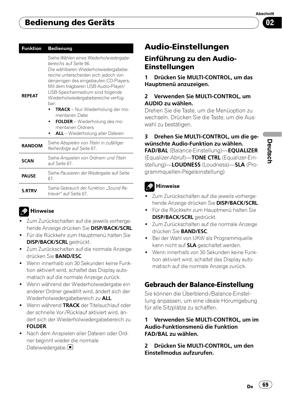 Audio-einstellungen, Einführung zu den audio, Einstellungen | Gebrauch der balance-einstellung 69, Bedienung des geräts, Einführung zu den audio- einstellungen, Gebrauch der balance-einstellung | Pioneer DEH-2100UB User Manual | Page 69 / 108