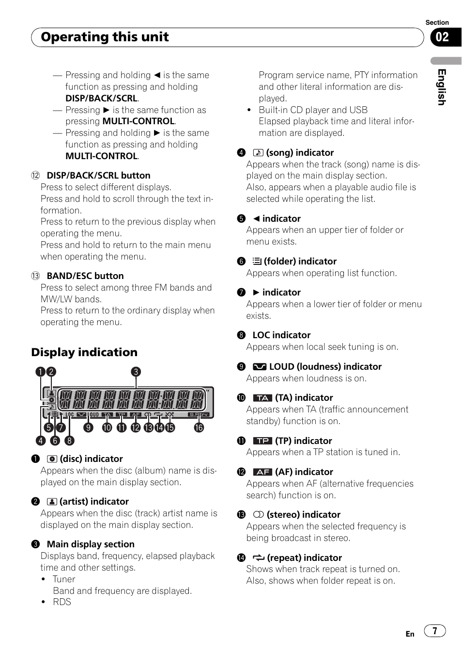 Display indication 7, Operating this unit, Display indication | Pioneer DEH-2100UB User Manual | Page 7 / 108