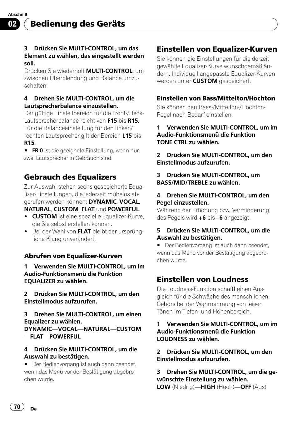Gebrauch des equalizers 70, Einstellen von equalizer-kurven 70, Einstellen von loudness 70 | Bedienung des geräts, Gebrauch des equalizers, Einstellen von equalizer-kurven, Einstellen von loudness | Pioneer DEH-2100UB User Manual | Page 70 / 108