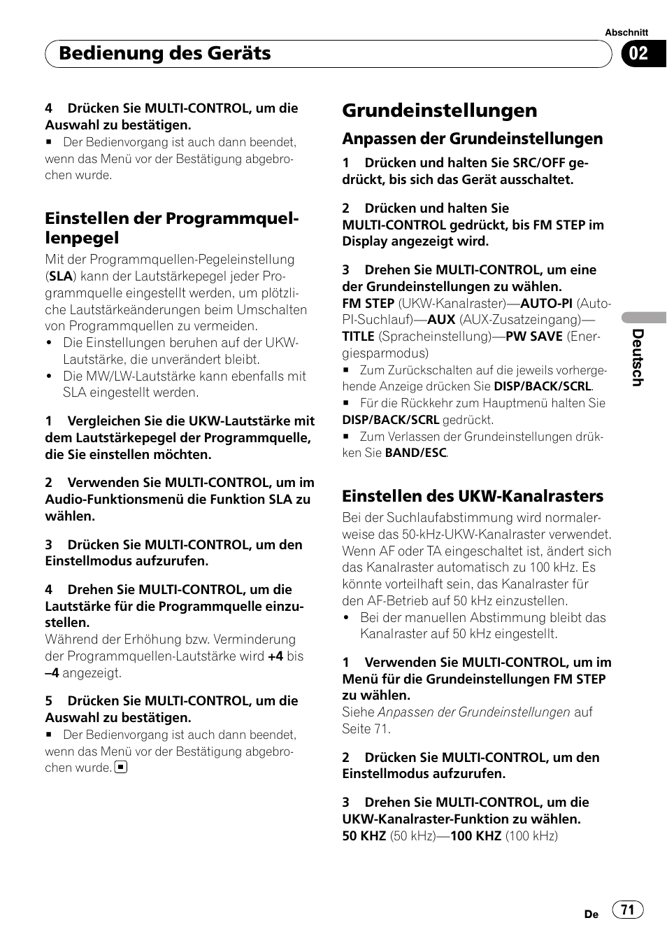 Einstellen der, Programmquellenpegel, Grundeinstellungen | Anpassen der grundeinstellungen 71, Einstellen des ukw-kanalrasters 71, Bedienung des geräts, Einstellen der programmquel- lenpegel, Anpassen der grundeinstellungen, Einstellen des ukw-kanalrasters | Pioneer DEH-2100UB User Manual | Page 71 / 108