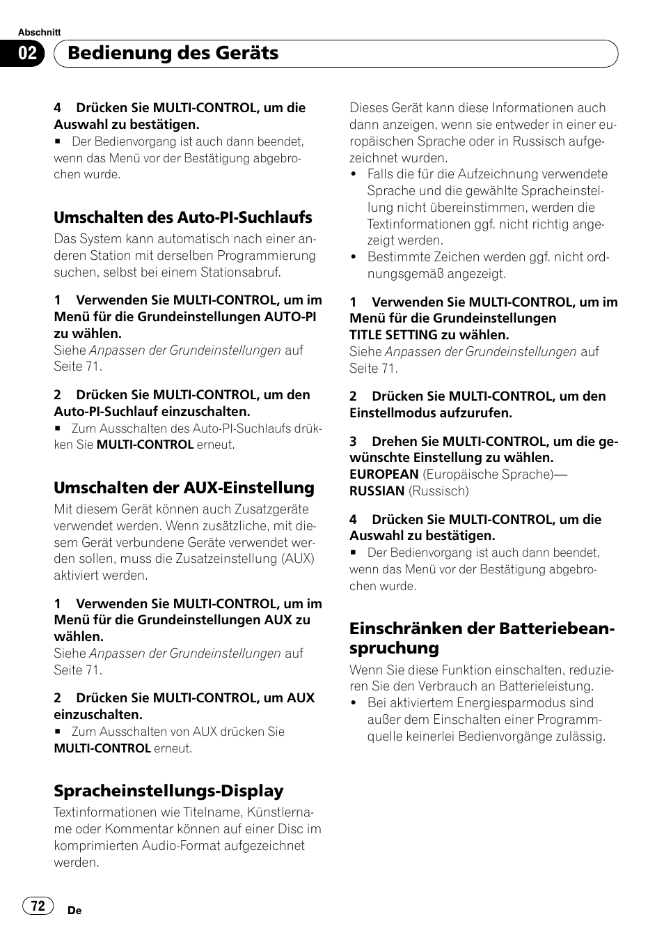 Umschalten des auto-pi, Suchlaufs, Umschalten der aux-einstellung 72 | Spracheinstellungs-display 72, Einschränken der, Batteriebeanspruchung, Bedienung des geräts, Umschalten des auto-pi-suchlaufs, Umschalten der aux-einstellung, Spracheinstellungs-display | Pioneer DEH-2100UB User Manual | Page 72 / 108