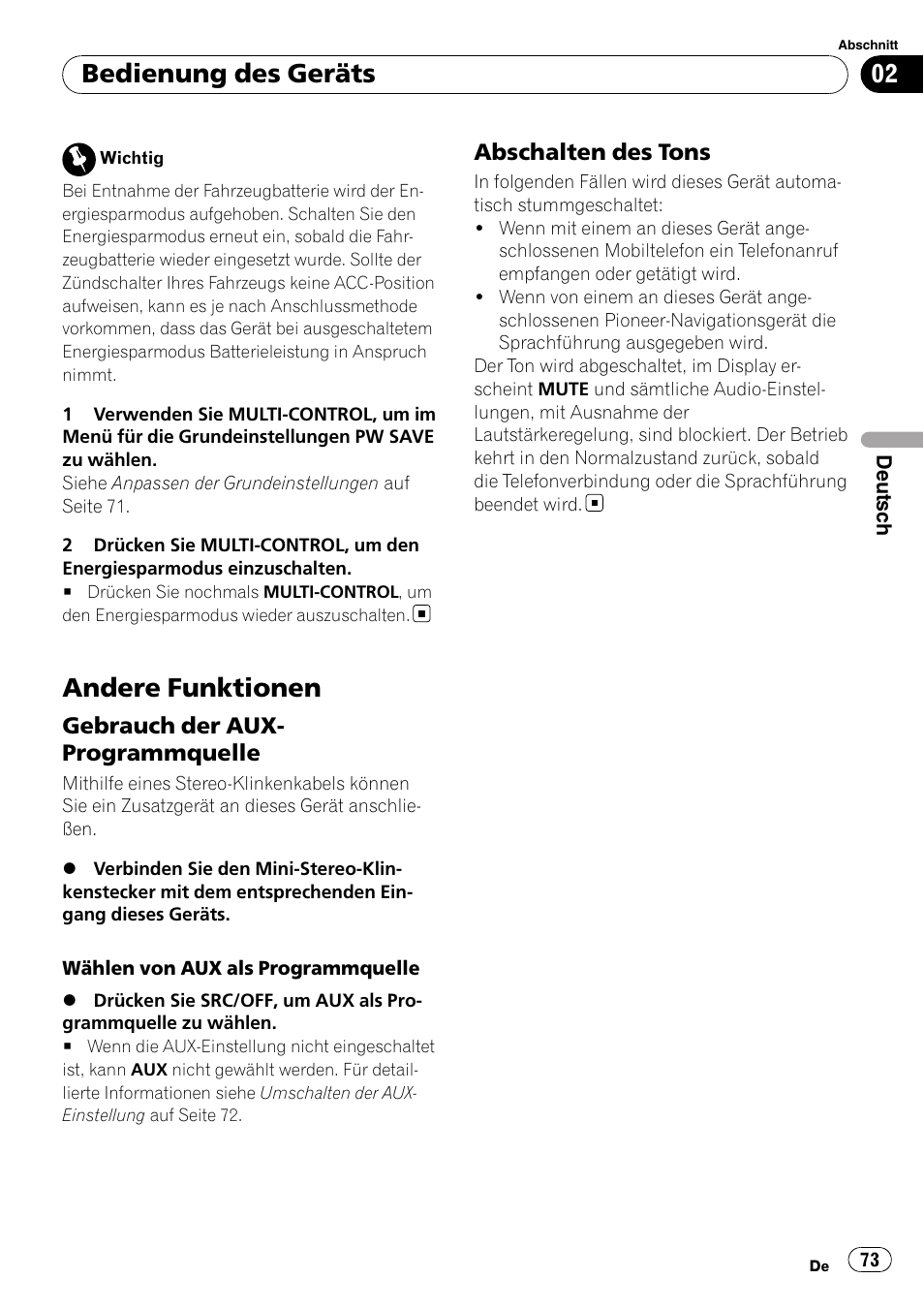 Andere funktionen, Gebrauch der aux, Programmquelle | Abschalten des tons 73, Bedienung des geräts | Pioneer DEH-2100UB User Manual | Page 73 / 108