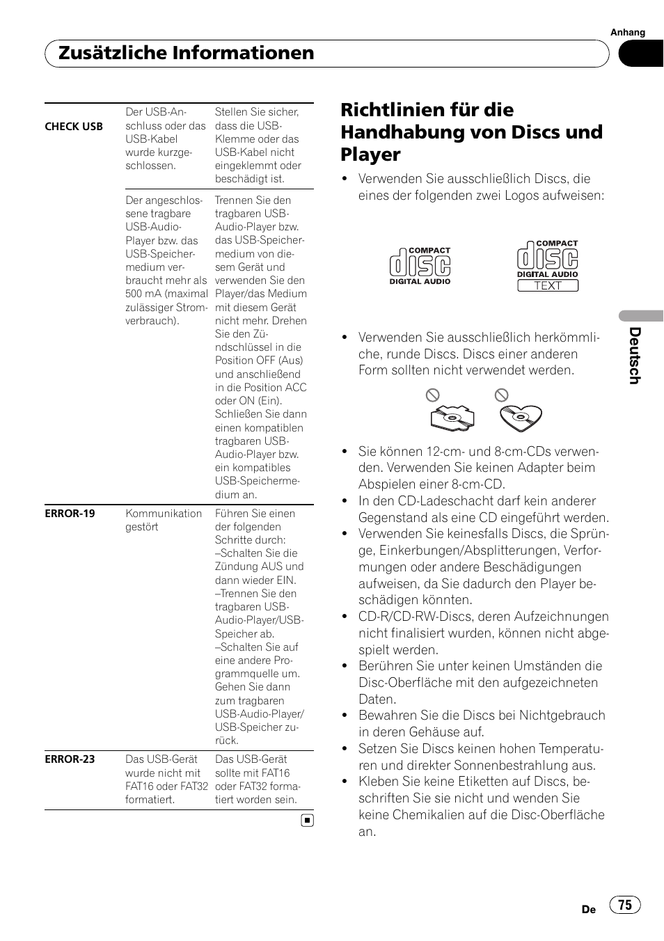Richtlinien für die handhabung von discs, Und player, Zusätzliche informationen | Pioneer DEH-2100UB User Manual | Page 75 / 108