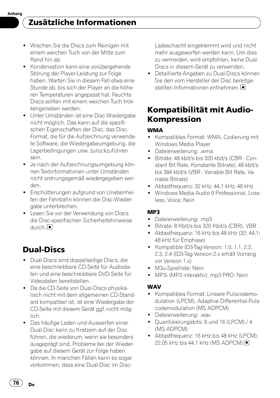Dual-discs, Kompatibilität mit audio-kompression, Kompatibilität mit audio- kompression | Zusätzliche informationen | Pioneer DEH-2100UB User Manual | Page 76 / 108