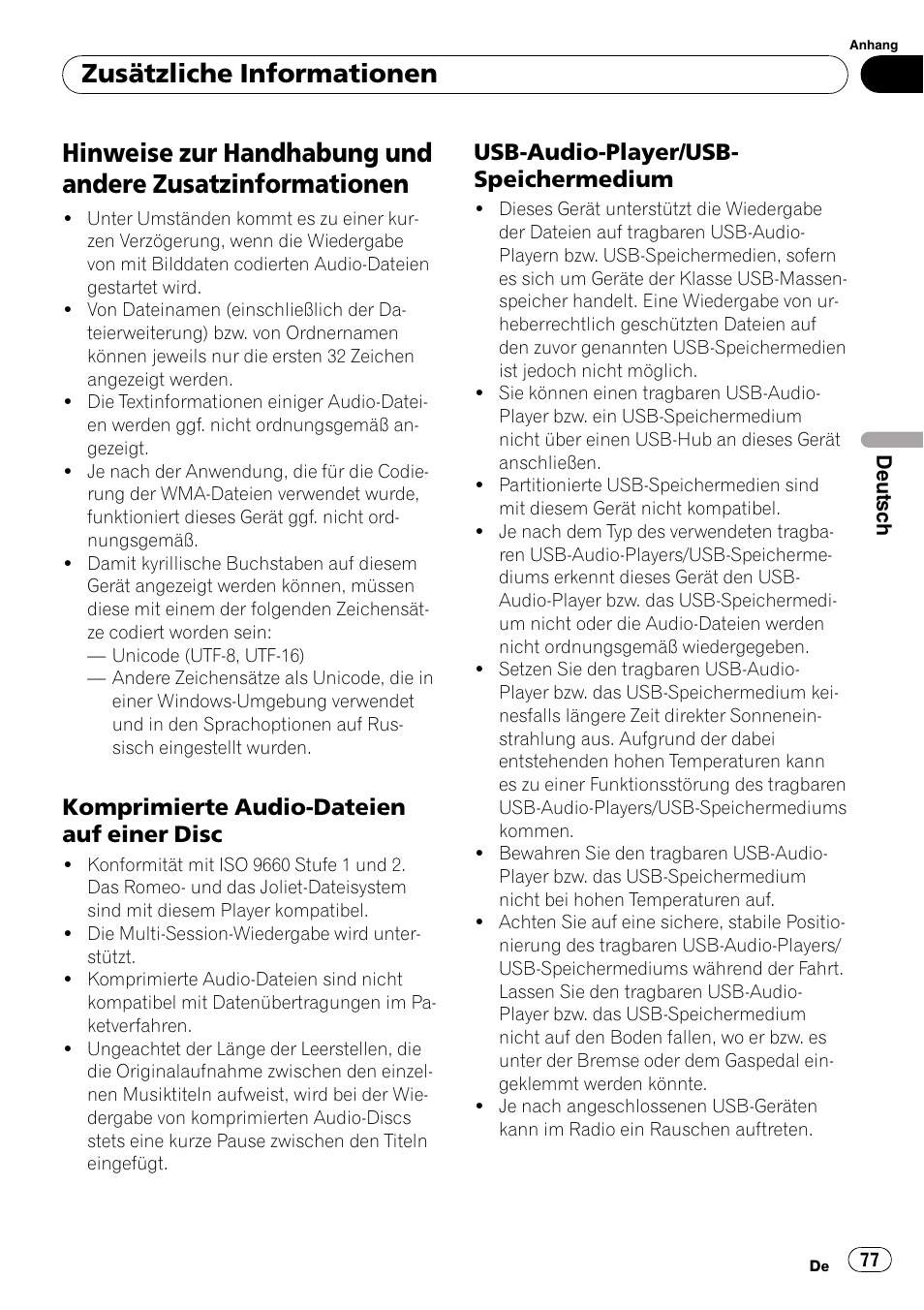 Hinweise zur handhabung und andere, Zusatzinformationen, Komprimierte audio-dateien auf einer | Disc, Usb-audio-player/usb, Speichermedium, Zusätzliche informationen, Komprimierte audio-dateien auf einer disc, Usb-audio-player/usb- speichermedium | Pioneer DEH-2100UB User Manual | Page 77 / 108