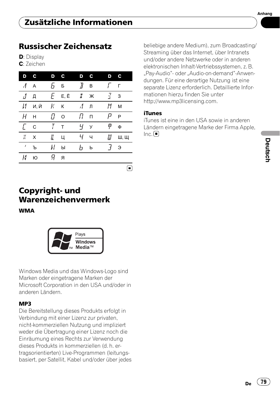 Russischer zeichensatz, Copyright- und warenzeichenvermerk, Zusätzliche informationen | Deutsch | Pioneer DEH-2100UB User Manual | Page 79 / 108