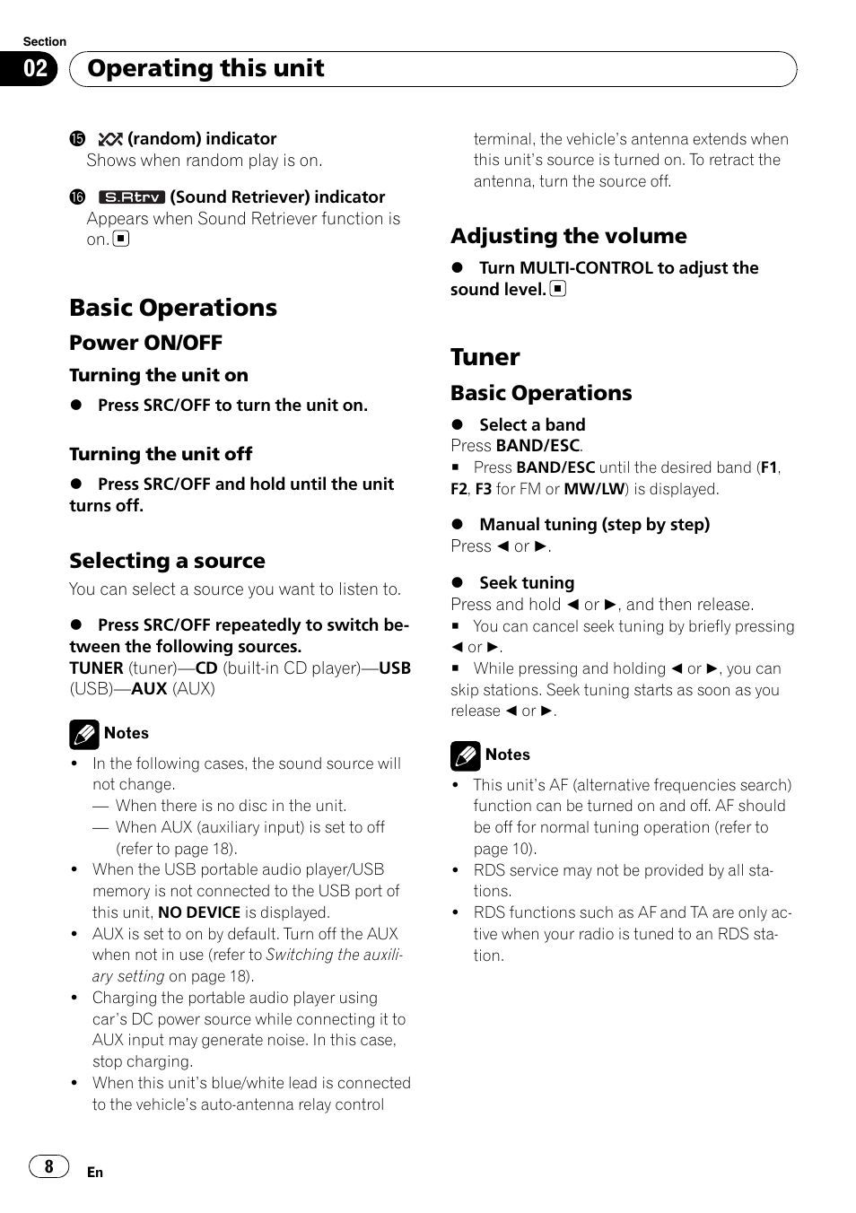 Basic operations, Power on/off 8, Selecting a source 8 | Adjusting the volume 8, Tuner, Basic operations 8, Operating this unit, Power on/off, Selecting a source, Adjusting the volume | Pioneer DEH-2100UB User Manual | Page 8 / 108