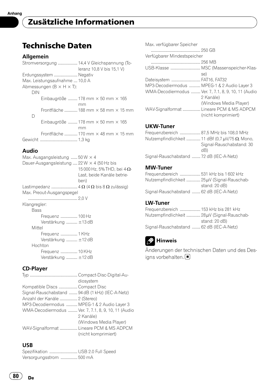 Technische daten, Zusätzliche informationen | Pioneer DEH-2100UB User Manual | Page 80 / 108