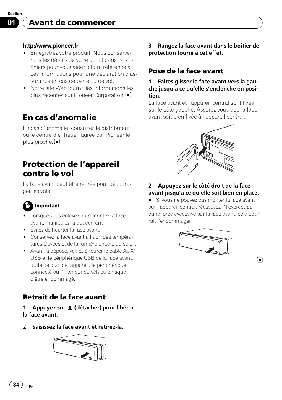 En cas d, Anomalie 84, Protection de l | Appareil contre le vol 84, Retrait de la face avant 84, Pose de la face avant 84, En cas d ’anomalie, Protection de l ’appareil contre le vol, Avant de commencer | Pioneer DEH-2100UB User Manual | Page 84 / 108