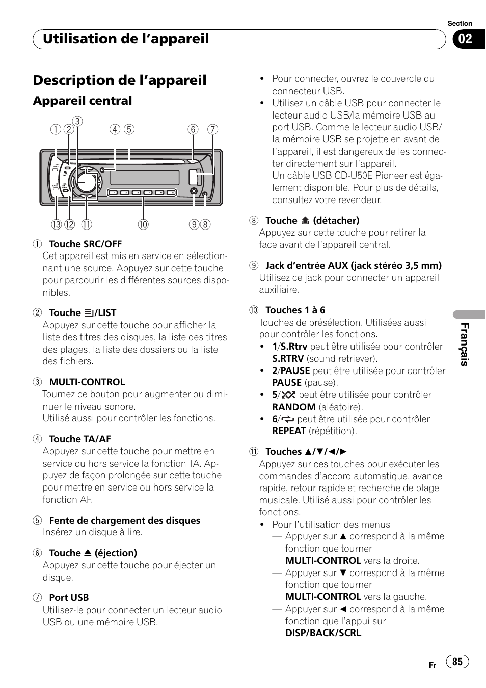 Utilisation de l, Appareil, Description de l | Appareil 85, Appareil central 85, Description de l ’appareil, Utilisation de l ’appareil | Pioneer DEH-2100UB User Manual | Page 85 / 108