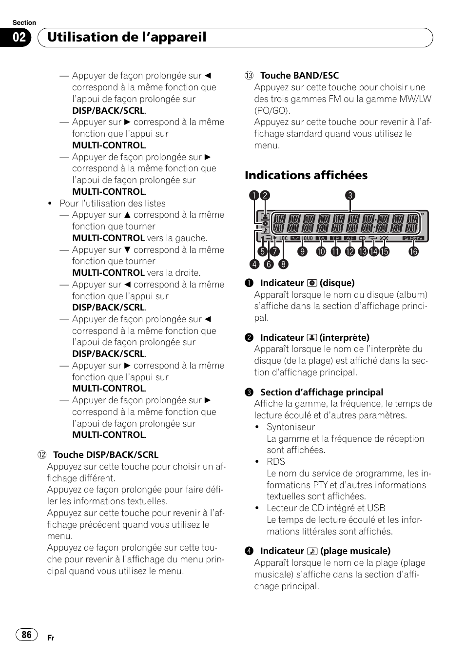 Indications affichées 86, Utilisation de l ’appareil, Indications affichées | Pioneer DEH-2100UB User Manual | Page 86 / 108
