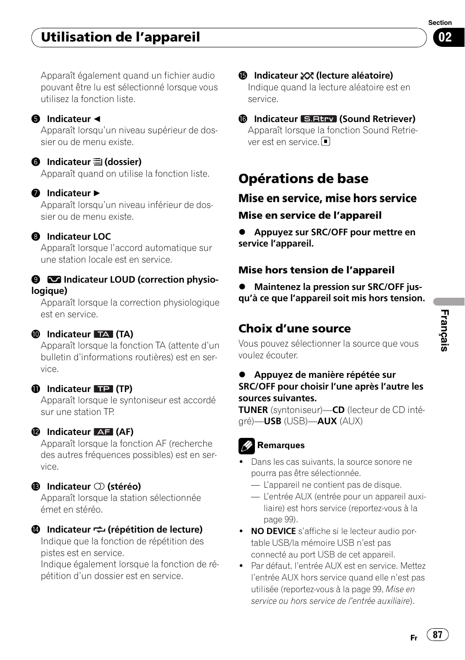 Opérations de base, Mise en service, mise hors service 87, Choix d’une source 87 | Utilisation de l ’appareil, Mise en service, mise hors service, Choix d ’une source | Pioneer DEH-2100UB User Manual | Page 87 / 108