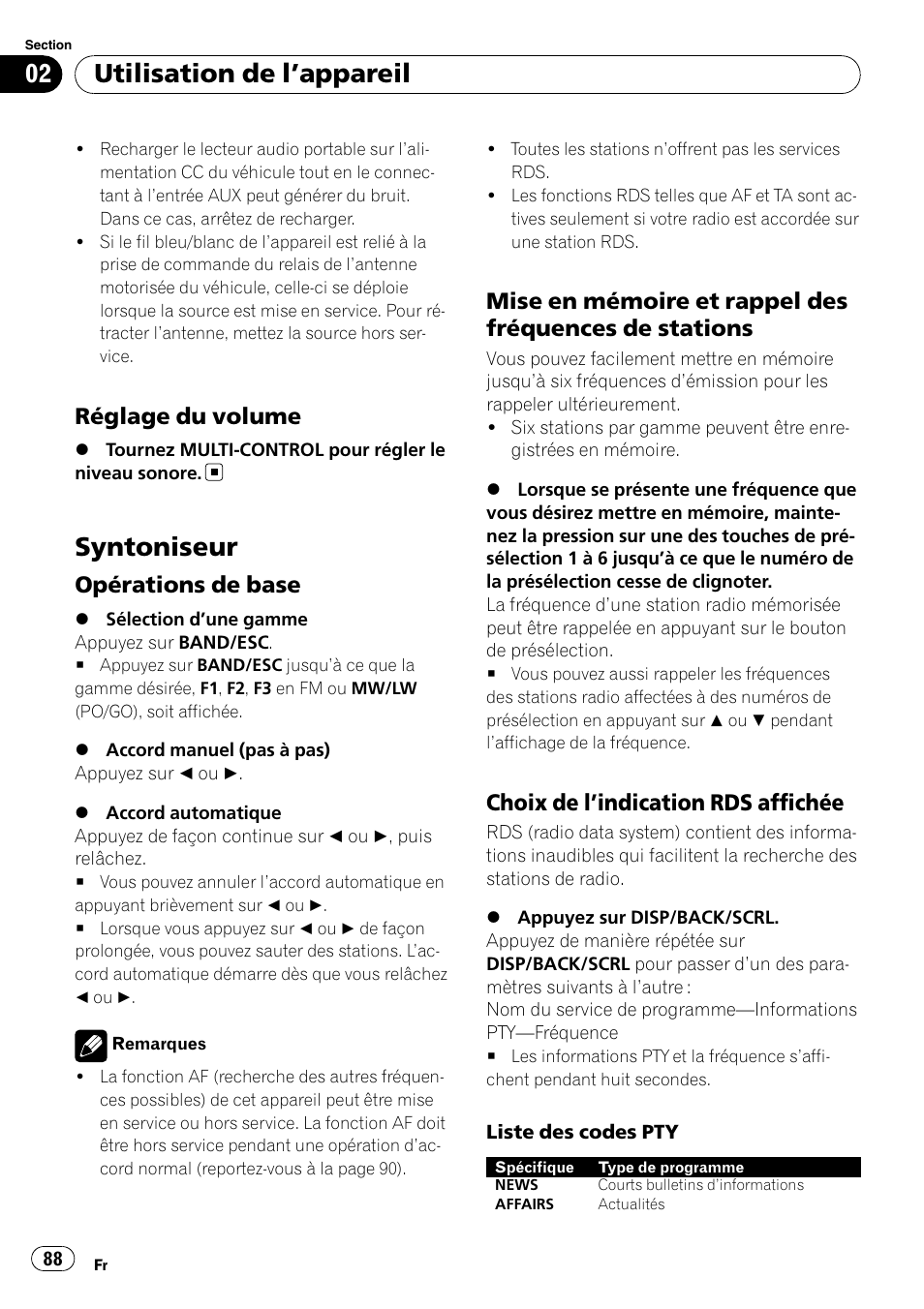 Réglage du volume 88, Syntoniseur, Opérations de base 88 | Mise en mémoire et rappel des, Fréquences de stations, Choix de l’indication rds affichée 88, Utilisation de l ’appareil, Réglage du volume, Opérations de base, Choix de l ’indication rds affichée | Pioneer DEH-2100UB User Manual | Page 88 / 108