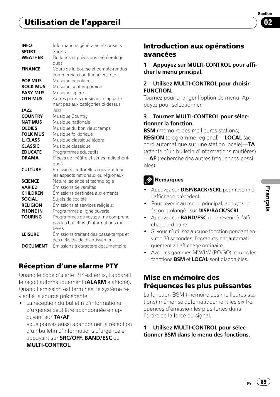 Réception d’une alarme pty 89, Introduction aux opérations, Avancées | Mise en mémoire des fréquences les, Plus puissantes, Utilisation de l ’appareil, Réception d ’une alarme pty, Introduction aux opérations avancées, Mise en mémoire des fréquences les plus puissantes, Français | Pioneer DEH-2100UB User Manual | Page 89 / 108