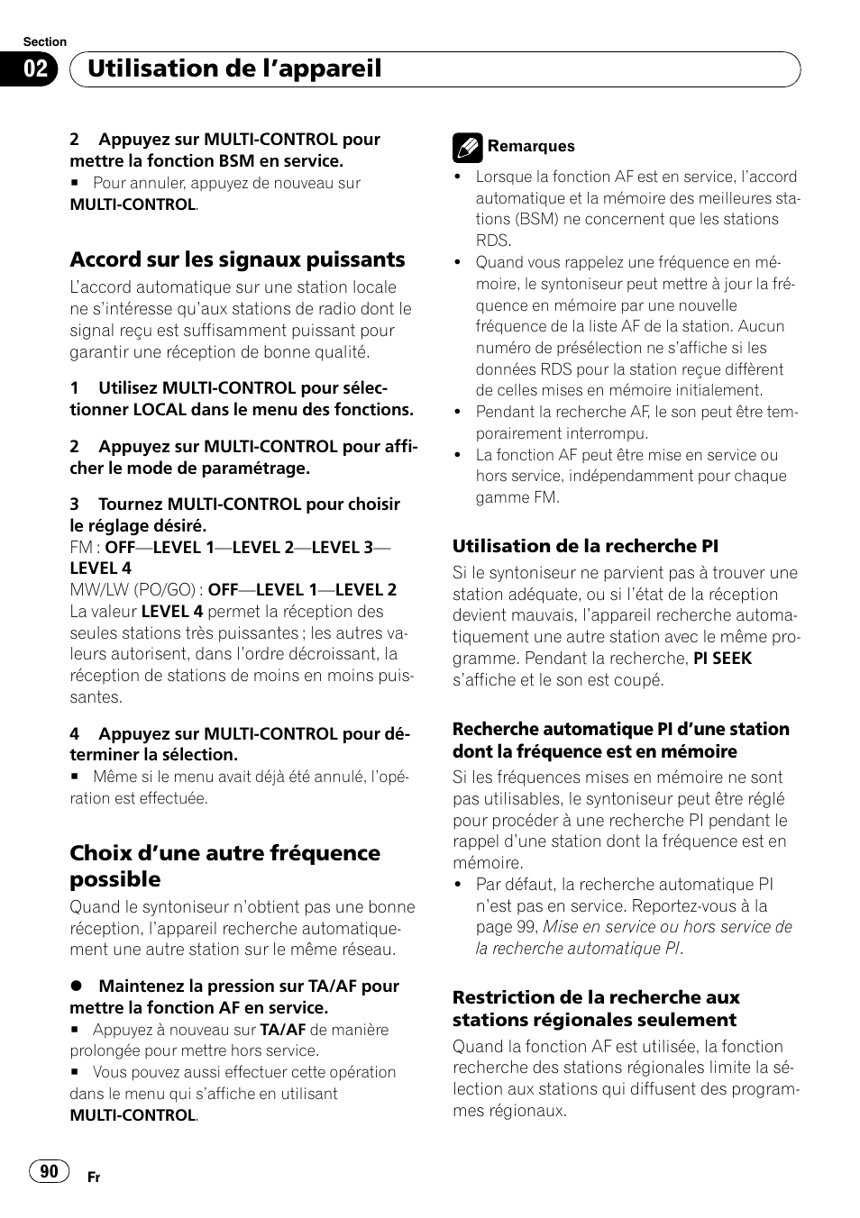Accord sur les signaux puissants 90, Choix d’une autre fréquence, Possible | Utilisation de l ’appareil, Accord sur les signaux puissants, Choix d ’une autre fréquence possible | Pioneer DEH-2100UB User Manual | Page 90 / 108