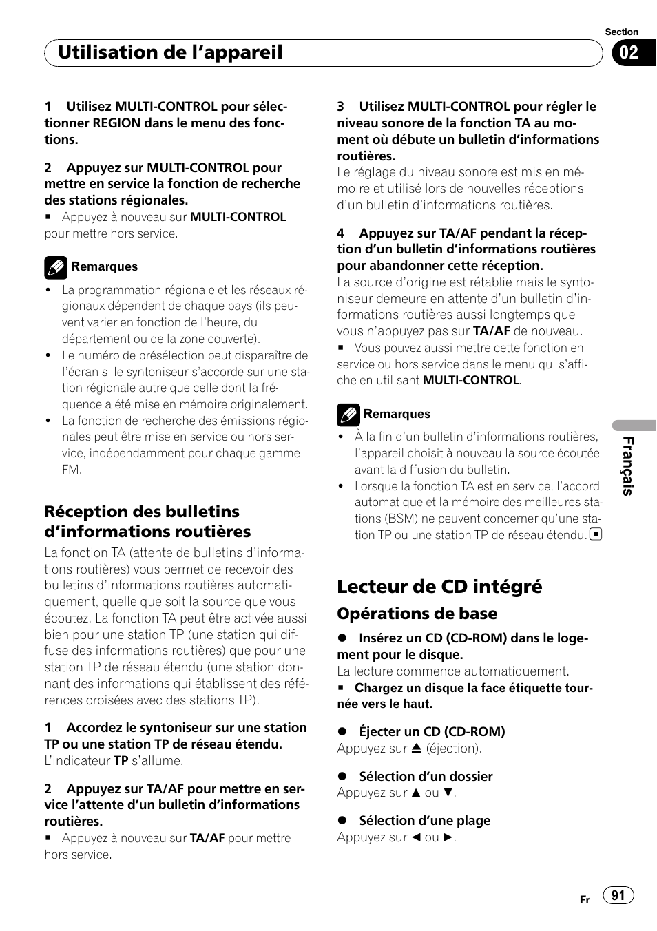 Réception des bulletins d’informations, Routières, Lecteur de cd intégré | Opérations de base 91, Utilisation de l ’appareil, Réception des bulletins d ’informations routières, Opérations de base | Pioneer DEH-2100UB User Manual | Page 91 / 108