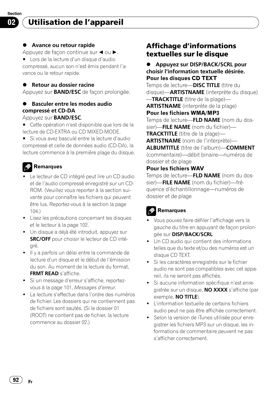 Affichage d’informations textuelles sur, Le disque, Utilisation de l ’appareil | Affichage d ’informations textuelles sur le disque | Pioneer DEH-2100UB User Manual | Page 92 / 108