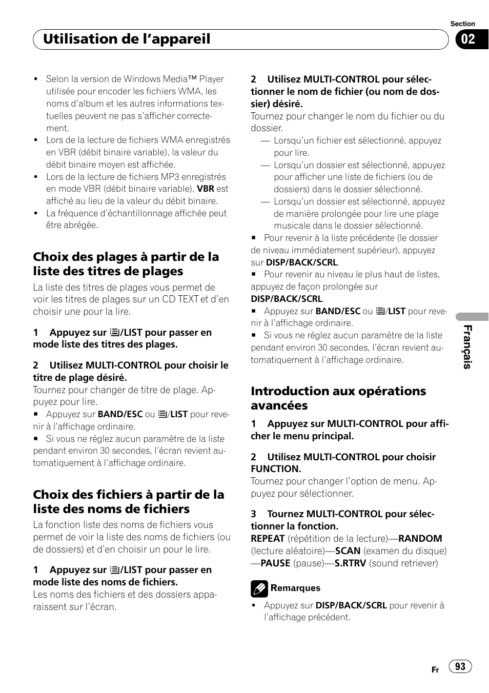 Choix des plages à partir de la liste des, Titres de plages, Choix des fichiers à partir de la liste des | Noms de fichiers, Introduction aux opérations, Avancées, Utilisation de l ’appareil, Introduction aux opérations avancées | Pioneer DEH-2100UB User Manual | Page 93 / 108