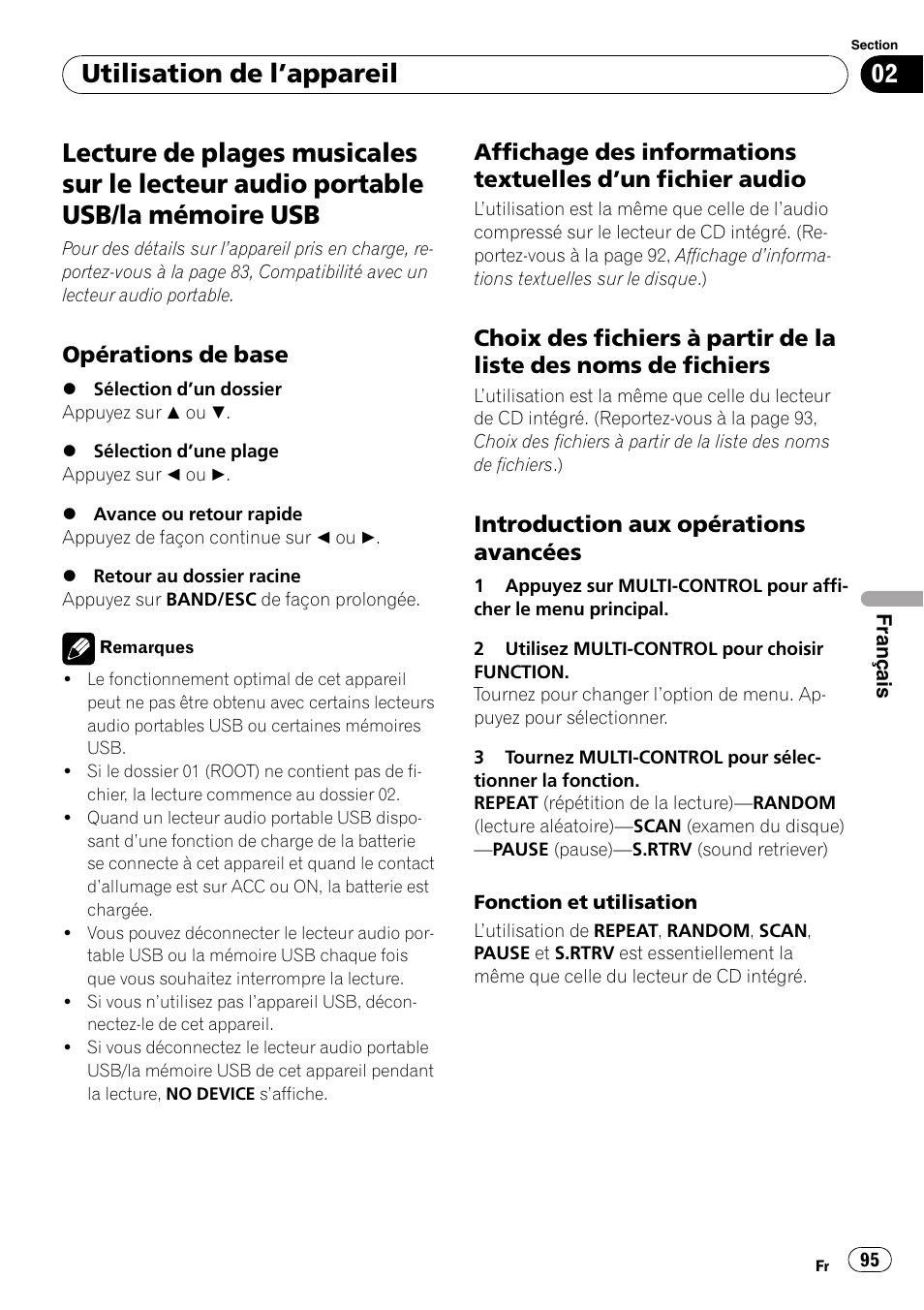 Lecture de plages musicales sur le lecteur, Audio portable usb/la mémoire usb, Opérations de base 95 | Affichage des informations textuelles, Un fichier audio 95, Choix des fichiers à partir de la liste des, Noms de fichiers, Introduction aux opérations, Avancées, Utilisation de l ’appareil | Pioneer DEH-2100UB User Manual | Page 95 / 108