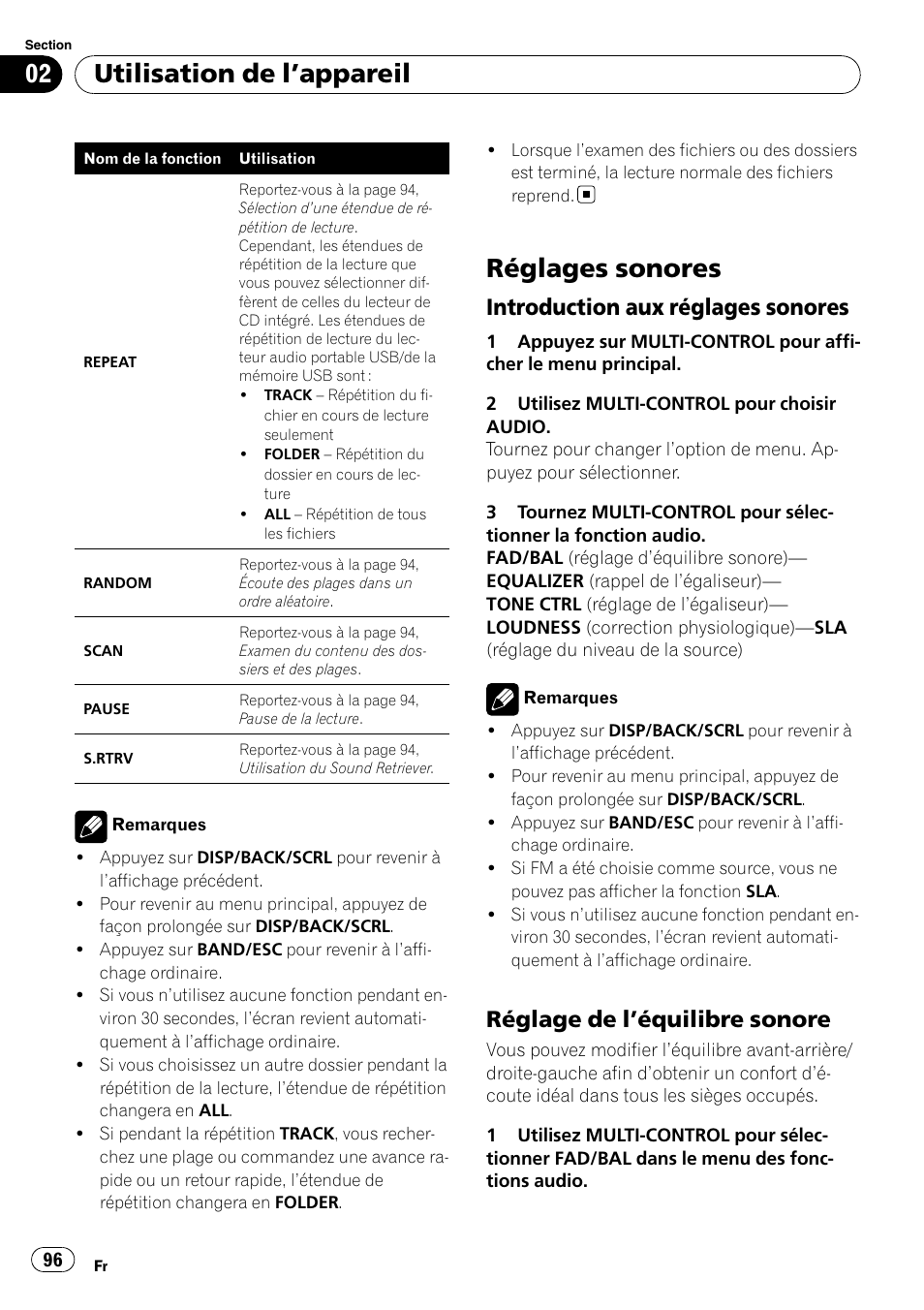 Réglages sonores, Introduction aux réglages sonores 96, Réglage de l’équilibre sonore 96 | Utilisation de l ’appareil, Introduction aux réglages sonores, Réglage de l ’équilibre sonore | Pioneer DEH-2100UB User Manual | Page 96 / 108