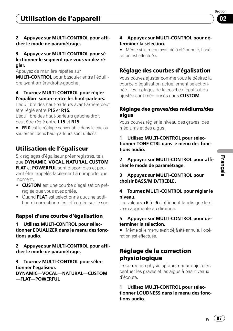 Utilisation de l’égaliseur 97, Réglage des courbes d’égalisation 97, Réglage de la correction | Physiologique, Utilisation de l ’appareil, Utilisation de l ’égaliseur, Réglage des courbes d ’égalisation, Réglage de la correction physiologique | Pioneer DEH-2100UB User Manual | Page 97 / 108